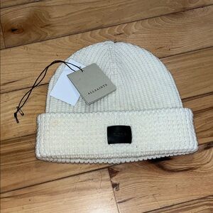 All Saints Ivory Knit Beanie with Black Patch